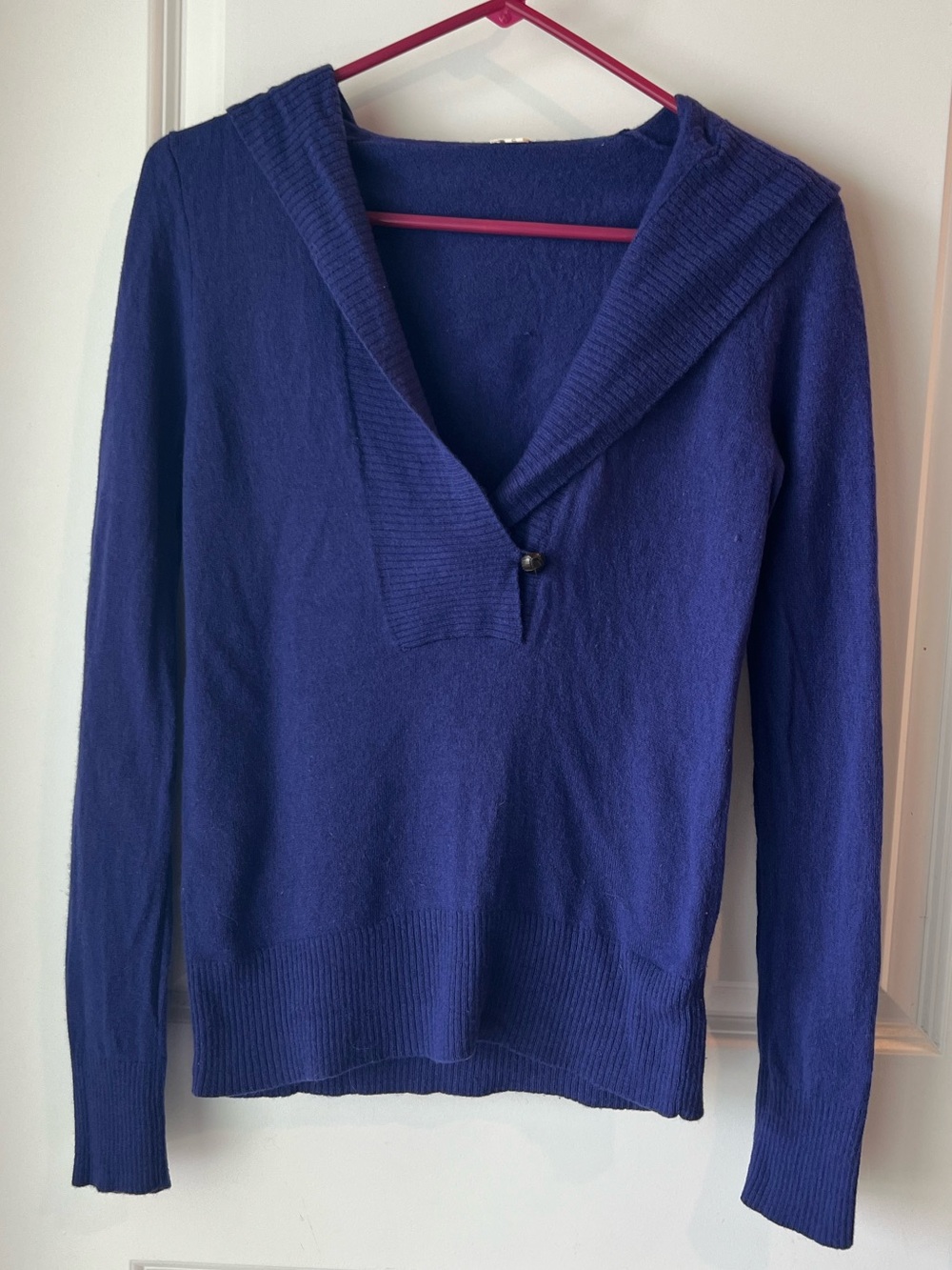 J. Crew Deep Blue V-Neck hooded wool sweater. Small
